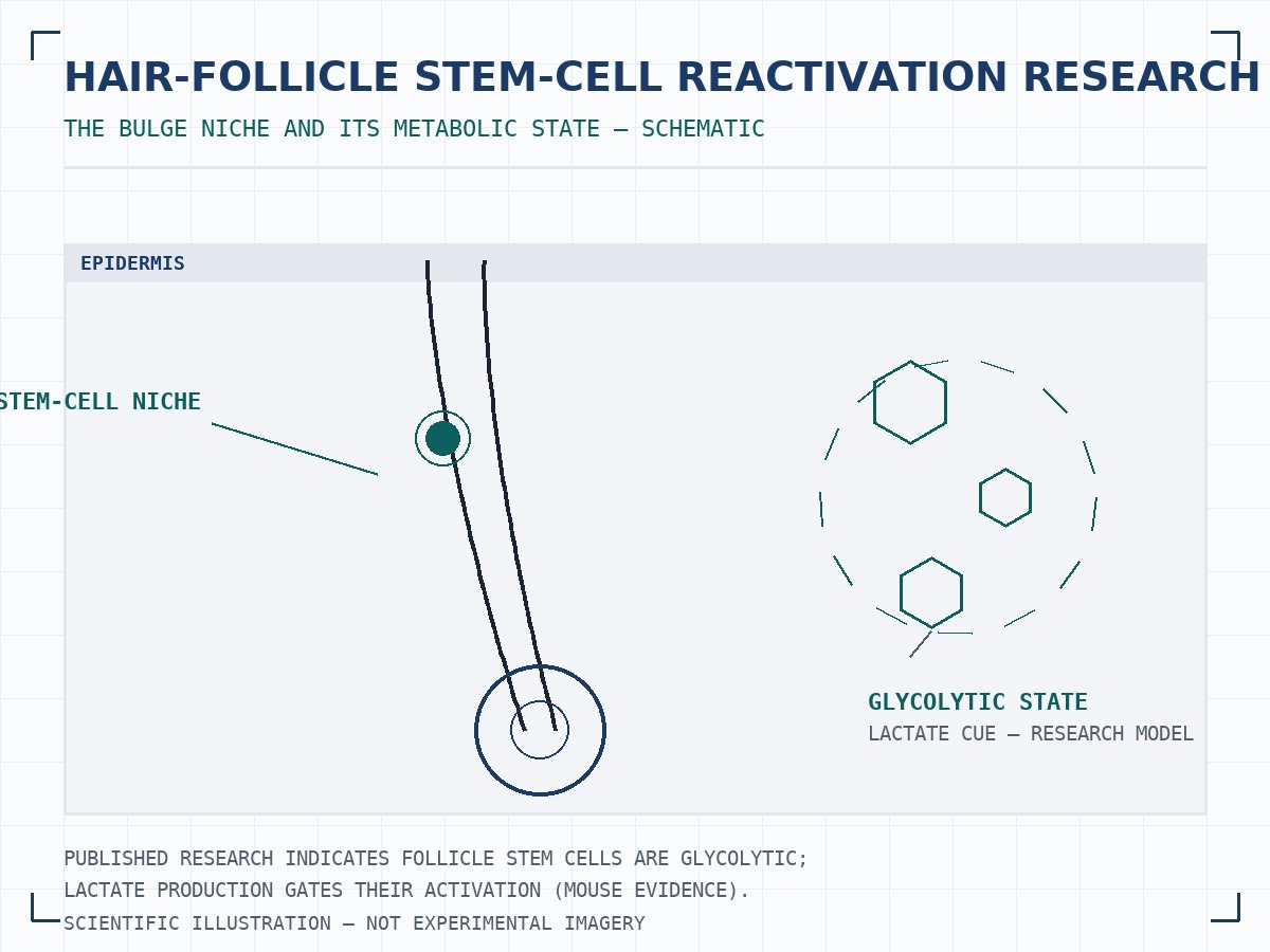 Hair-follicle stem-cell reactivation research illustration: follicular cross-section with the bulge stem-cell niche highlighted and metabolic cues marking the lactate-producing glycolytic state