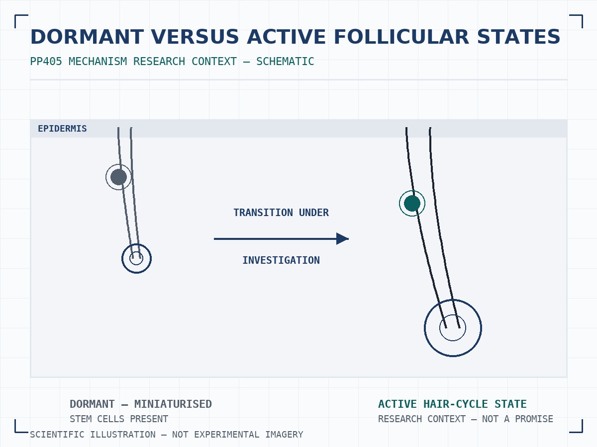 PP405 dormant hair follicle mechanism research illustration: a miniaturised but present follicle beside a follicle in an active hair-cycle state, with the bulge stem-cell region marked